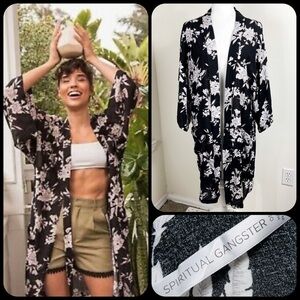 Spiritual Gangster Maya Black & Gray Floral Oversized Kimono Robe